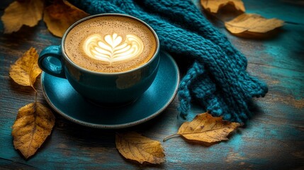 Cappuccino coffee with latte art in a cup on a wooden table, surrounded by autumn leaves and a knitted scarf.Fall concept background for a card or poster design.