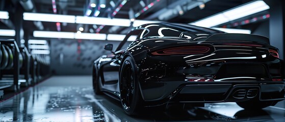Fototapeta premium Sleek Black Sports Car in Modern Garage: Perfect for Automotive, Luxury, and Speed Themed Projects