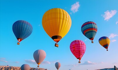 Obraz premium Cappadocia's Balloon Festival, vibrant hot air balloons soaring above unique rock formations, breathtaking sunrise panorama, enchanting landscape.