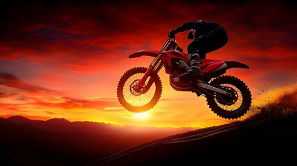Obraz premium Motocross Rider in Mid-Air, a daring silhouette of a biker soaring above the ground, embodying adrenaline and freedom against a vivid sky.