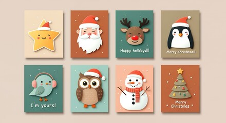 Fototapeta premium Various Christmas, New Year card and banner collection: Santa Claus, Christmas tree, snowman, reindeer, ornament, xmas elements and decorations and many more