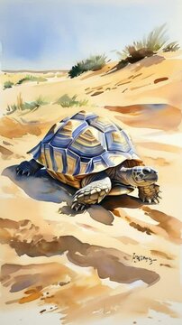 A detailed illustration of a tortoise on a sandy landscape.