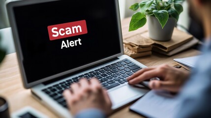 Person using a laptop displaying a 'Scam Alert' warning, emphasizing online cybersecurity risks.
