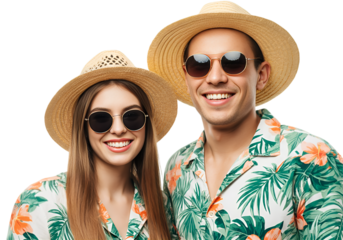 Happy Couple in Matching Hawaiian Shirts and Straw Hats, Smiling Brightly Against a Black Background isolated on transparent or white background
