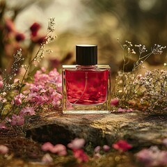 A bottle of perfume against a background of flowers and plants. Mockup