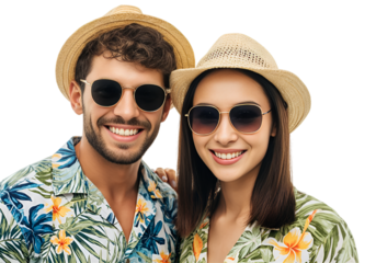 Happy Couple in Matching Hawaiian Shirts and Straw Hats Smiling Brightly Against a Black Background isolated on transparent or white background