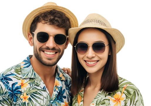 Happy Couple in Matching Hawaiian Shirts and Straw Hats Smiling Brightly Against a Black Background isolated on transparent or white background - Powered by Adobe