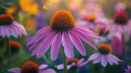 Obraz premium View of beautiful cosmos flower field in sunset time : Generative AI 