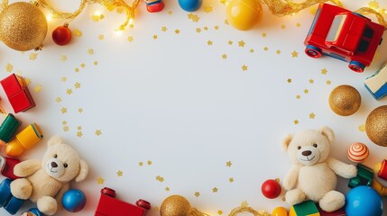 Obraz premium kids toys, teddy bears, toy cars, balls, cubes, with golden garland lights