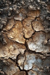 Fototapeta premium A detailed close-up of dry, cracked soil, emphasizing the texture and arid conditions, symbolizing drought, climate change, and environmental challenges.