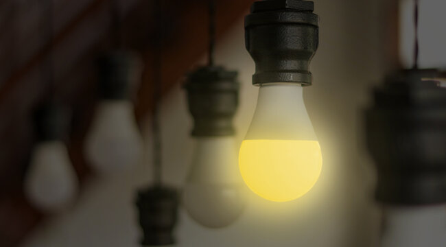 Power saving concept. Light Emitting Diode ( LED ) light bulb with light on and blur spiral compact-fluorescent (CFL) bulbs behind for copyspace.