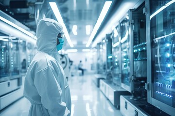 Specialist in a protective white suit working in biotechnological production. Laboratory research in the field of medicine and pharmacology.
