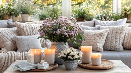 Cozy home interior with knitted pillows, soft blankets, dried flower vases, and candles, perfect for decor, lifestyle, and hygge-inspired designs.