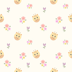 Face giraffe cartoon so cute. On flower background. Pattern seamless vector illustration. 
