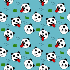 Face panda smile cartoon so cute. On grass mountain green background. Pattern seamless vector illustration. 
