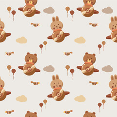 Naklejka premium Bear and rabbit drive a plane cartoon so cute. On balloon cloud bird background. Welcome autumn. Pattern seam vector illustration. 