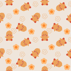 Duck yellow cartoon so cute. On flower background. Pattern seamless vector illustration. 