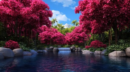Vibrant pink trees reflecting in clear water under a blue sky.