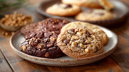 Obraz premium Assorted Homemade Cookies on Rustic Table with Chocolate and Nuts