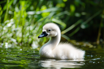 Adorable cygnet swimming in calm waters surrounded by greenery