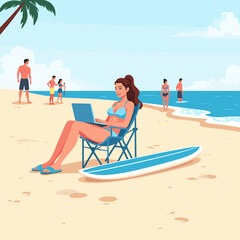 A person sitting on a foldable chair on a beach and working on a laptop