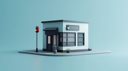 Minimalist 3D render of a small shop with traffic light.
