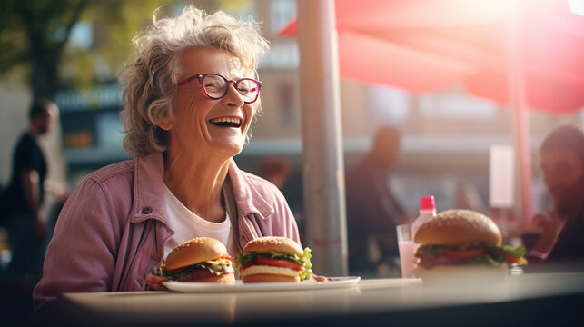 Smiling senior woman in a pink jacket sits outside at a table with a burger.