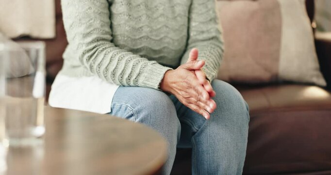 Mental health, hands and nervous woman in therapy, help or addiction in clinic. Anxiety, depression or counseling session for psychology discussion, trauma or alcoholic in rehabilitation for recovery