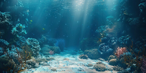 Fototapeta premium Oceanic Adventure: Deep sea blue, aquamarine, and sandy beige create an oceanic adventure theme. This scheme is often used in underwater exploration documentaries
