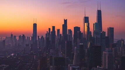 Obraz premium Modern City Skyline Silhouettes at Sunset with Flickering Window Lights