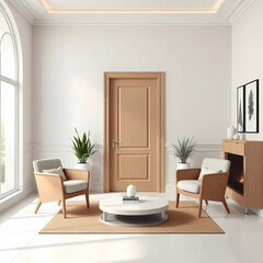 Fototapeta premium Modern living room interior with door and armchairs 3d rendering