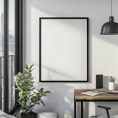 The empty frame hangs on the wall in living room. Mockup.