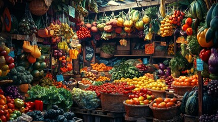 Obraz premium A vibrant market filled with fresh fruits and vegetables. The display showcases a colorful array of produce. Perfect for food lovers and health enthusiasts. Generative AI