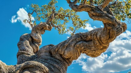 Fototapeta premium A gnarled tree trunk reaches up towards a blue sky.