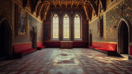 Obraz premium A stunning view of an ornate room with intricate details. Natural light gracefully illuminates the space through large windows. Perfect for architectural inspiration. Generative AI