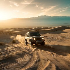 Obraz premium Off-Road SUV Kicking Up Dust on Rugged Desert Road at Golden Hour with Sand Dunes and Distant Mountains