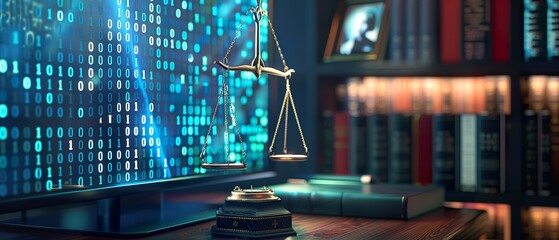 Scales of Justice on Binary Code: Law Firm Technology Stock Photo