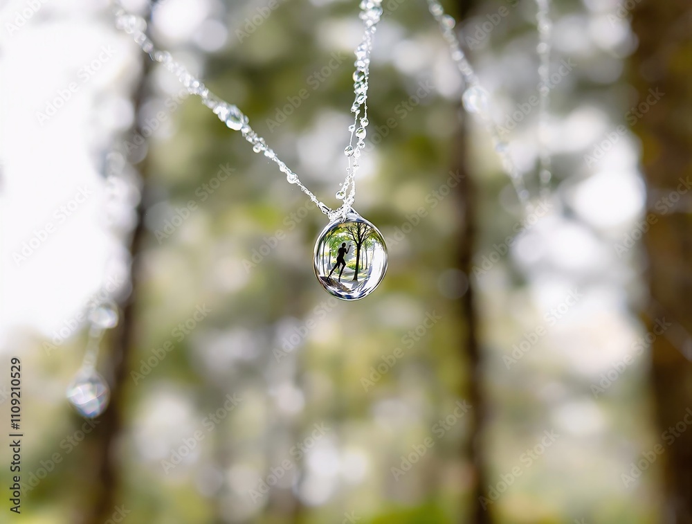 Poster Raindrop hanging from a branch with blurred background