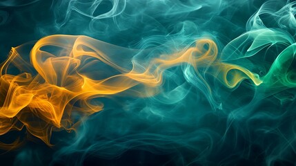Obraz premium A mesmerizing abstract composition of amber and emerald green smoke, curling and intertwining like ribbons on a midnight blue, glowing as if lit from within.