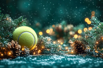 Fototapeta premium Tennis ball, Sports Christmas Card with ffir branches and estive decoration.