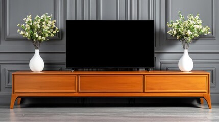 Modern living room with wooden TV stand and decorative vases on a stylish gray wall.