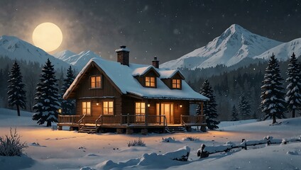 Fototapeta premium Winter scene house illustration, PNG.