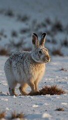 Fototapeta premium Winter scene with a mountain hare in the snow.