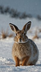 Naklejka premium Winter scene with a mountain hare in the snow.