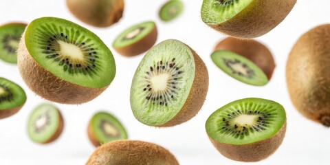 Fototapeta premium Flying kiwi fruit collection kitchen food photography minimalist environment close-up view freshness concept for seo impact