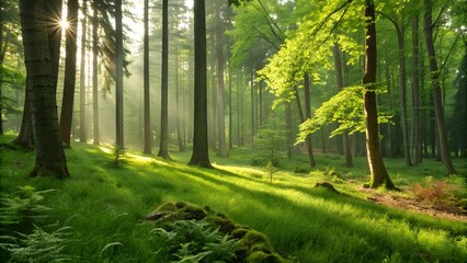 Fototapeta premium Lush green forest with sunlight filtering through
