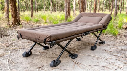 Brown camping bed on a forest floor surrounded by trees.