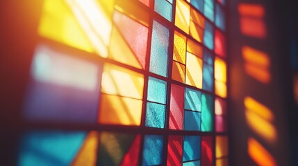 Majestic stained glass window with sunlight streaming through, perfect for religious, architectural, and artistic design concepts.
