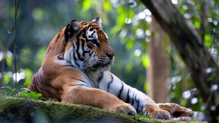 Obraz premium A tiger resting on a tree branch in the jungle.