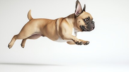 Fototapeta premium Energetic French Bulldog Leaping in Playful Side View on White Background